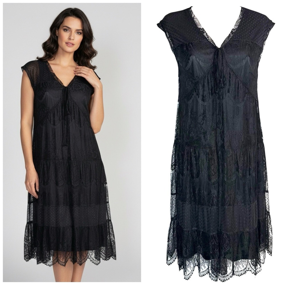 Garnet Hill Babydoll Dress S Sheer Lace Overlay Bow Tie Whimsigoth Dark Fairy
